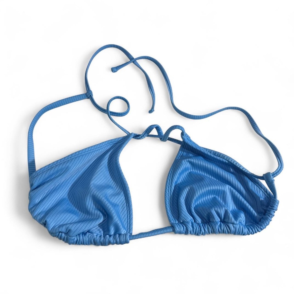 Wild Fable Blue Ribbed Triangle Bikini Top Halter Tie Swimsuit Large L 12-14